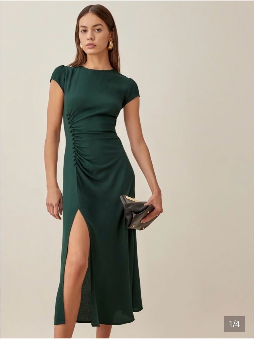 Reformation Frasier Forest Green Ruched Midi Dress with Side Slit